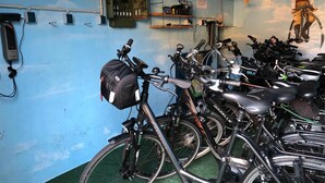 A bicycle storage area with multiple bikes, a wall-mounted toolbox, and a mural. - Hotel Orthwein (Coelbe)