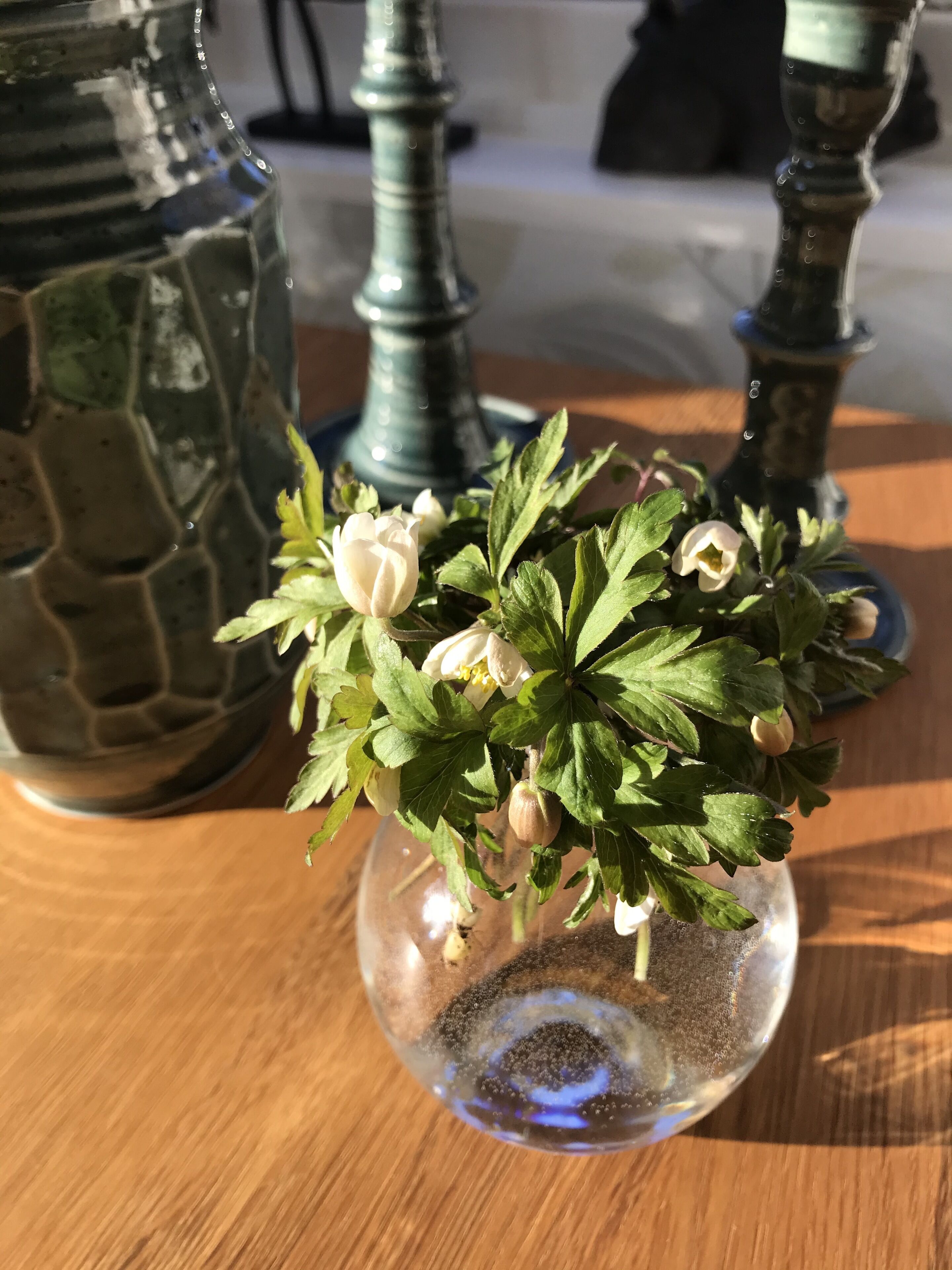 Um vaso de vidro transparente com flores brancas e folhas verdes sobre uma superfície de madeira.