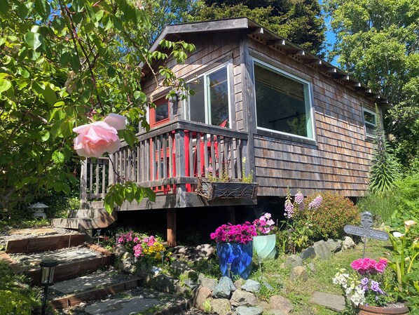 A wooden cabin with a balcony, surrounded by a garden with various plants and flowers. - SueSea's by the Sea Shore (Jenner)