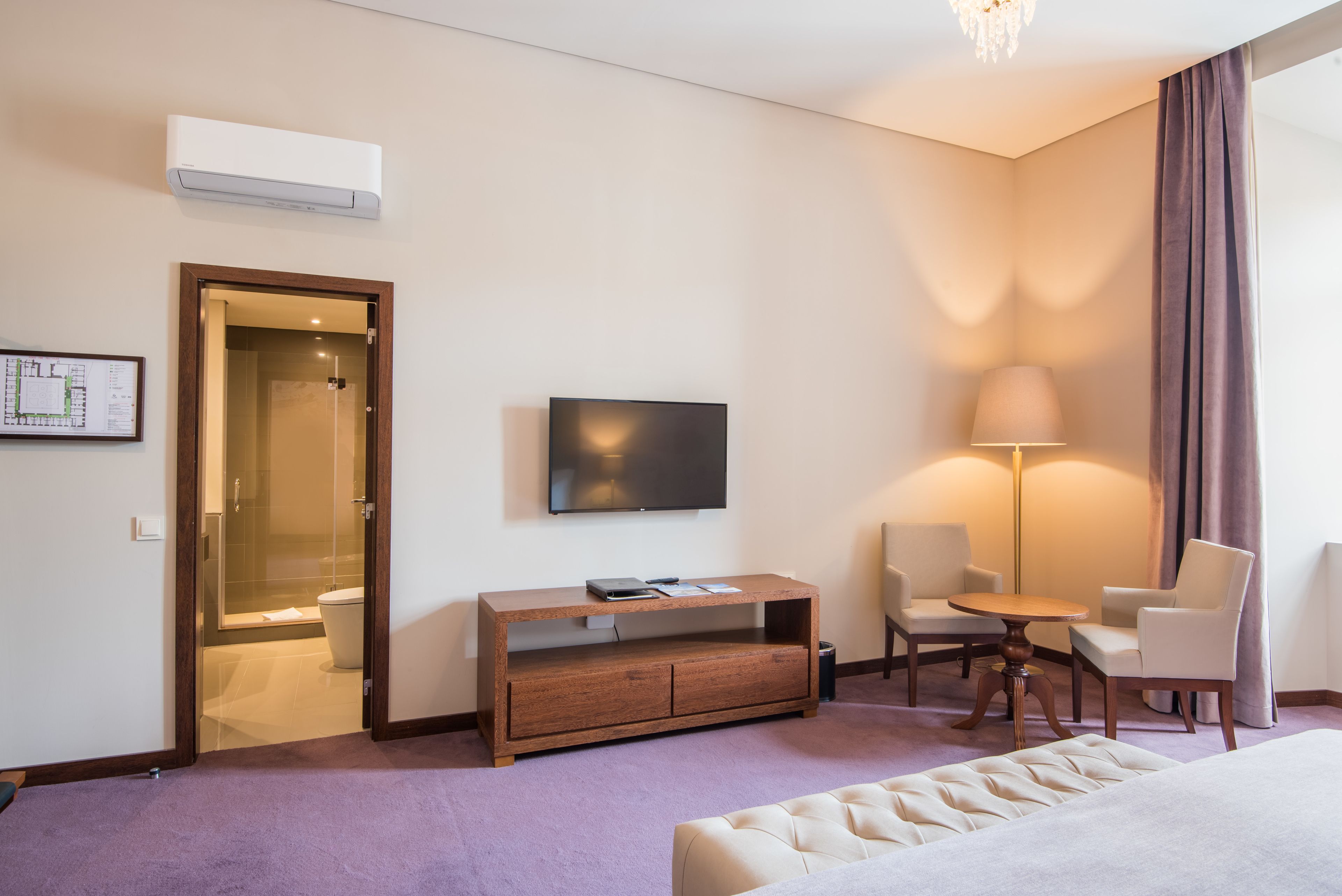 Habitación de hotel con cama, televisor, escritorio, silla, lámpara y zona de ducha.