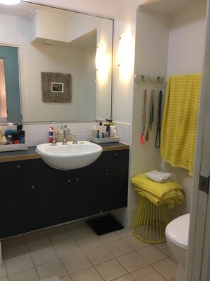 Combined shower/bathtub, hair dryer, towels, soap