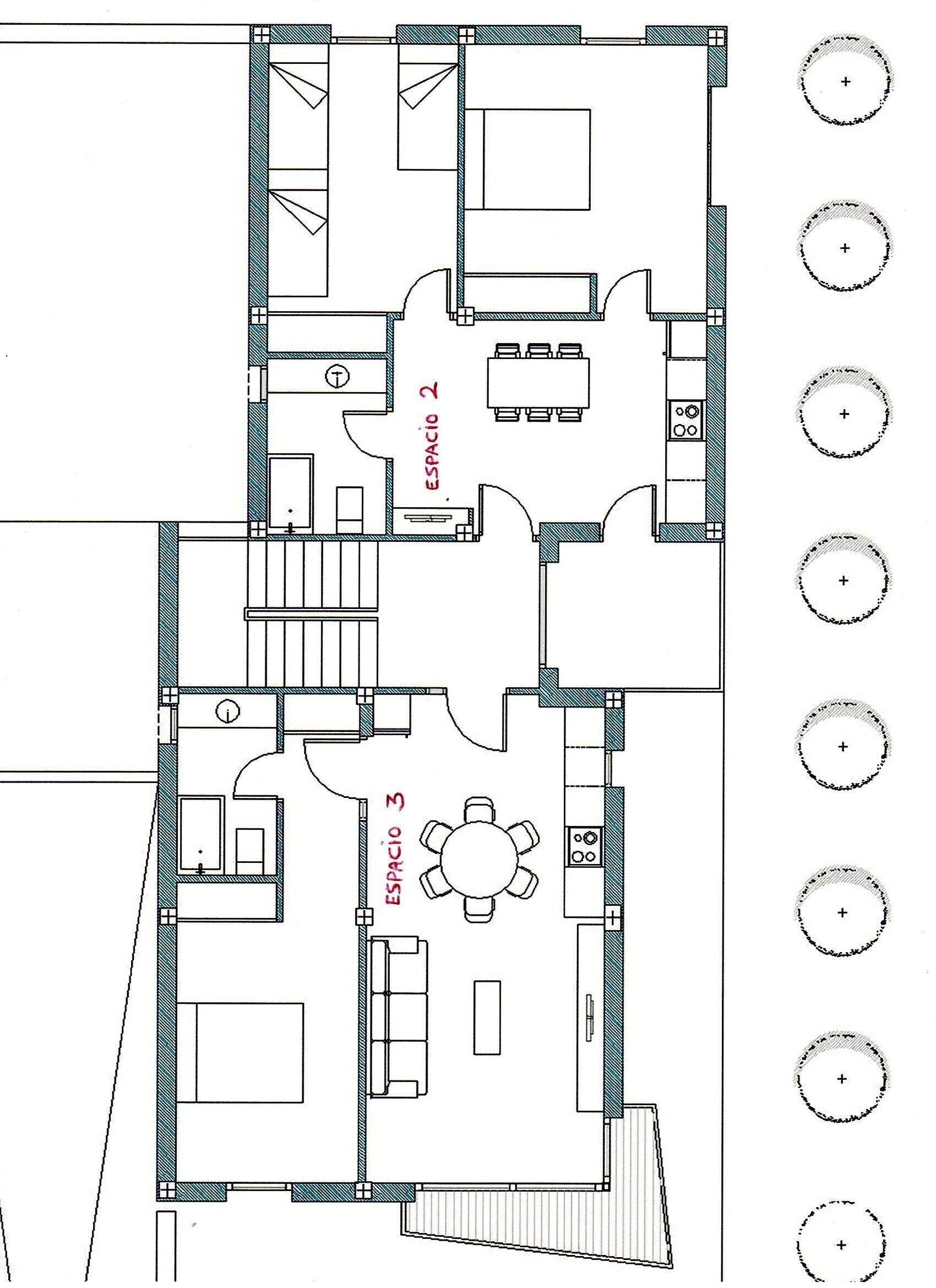 A floor plan of a hotel with three labeled spaces: ESPACIO 2, ESPACIO 3, and ESPACIO 4.
