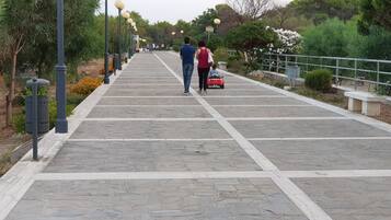 A paved pathway with stone tiles and a metal railing on one side.