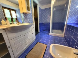 Een douche, een bidet, handdoeken