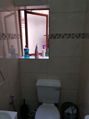 Habitación familiar | Baño | Ducha, artículos de higiene personal gratuitos y toallas