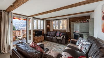 Smart TV, fireplace, books