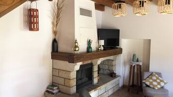 Een televisie en een open haard