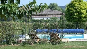A pool area with a covered seating area and a thatched roof structure. - Small Provence farm with pool, elegant accommodations (Joucas)