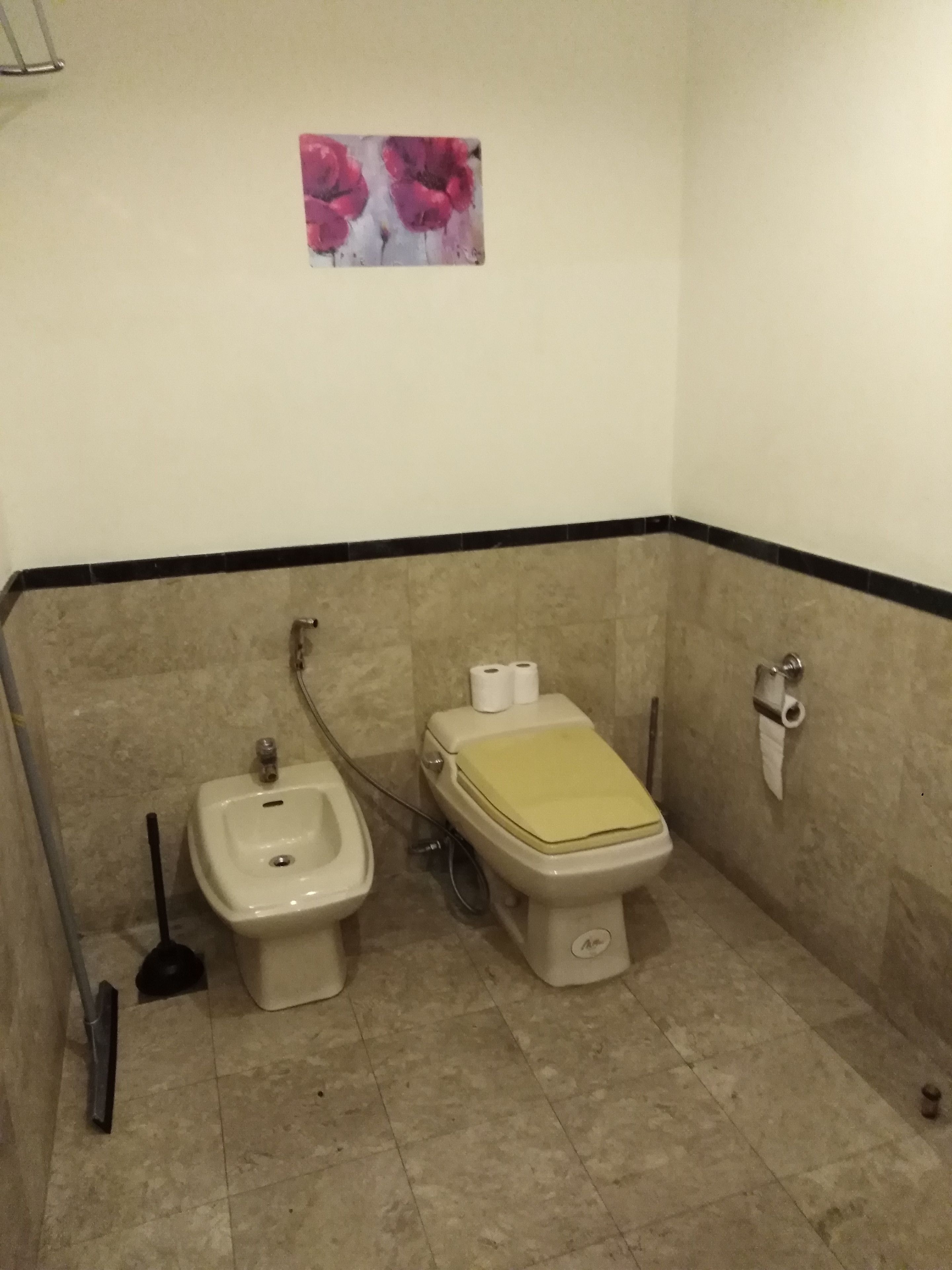 A small bathroom with a bidet, toilet, and a toilet paper holder on the wall.
