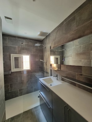 Shower, hair dryer, towels