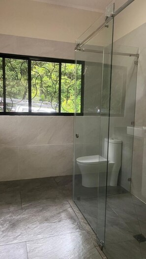 Shower, towels, soap, shampoo