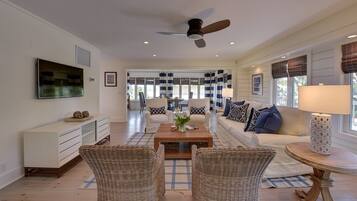 Smart TV, DVD player, books, video library