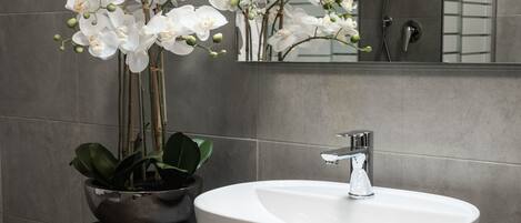 A bathroom with a white sink, a mirror, and a potted orchid plant.