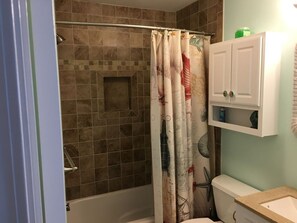 Combined shower/tub, hair dryer, towels