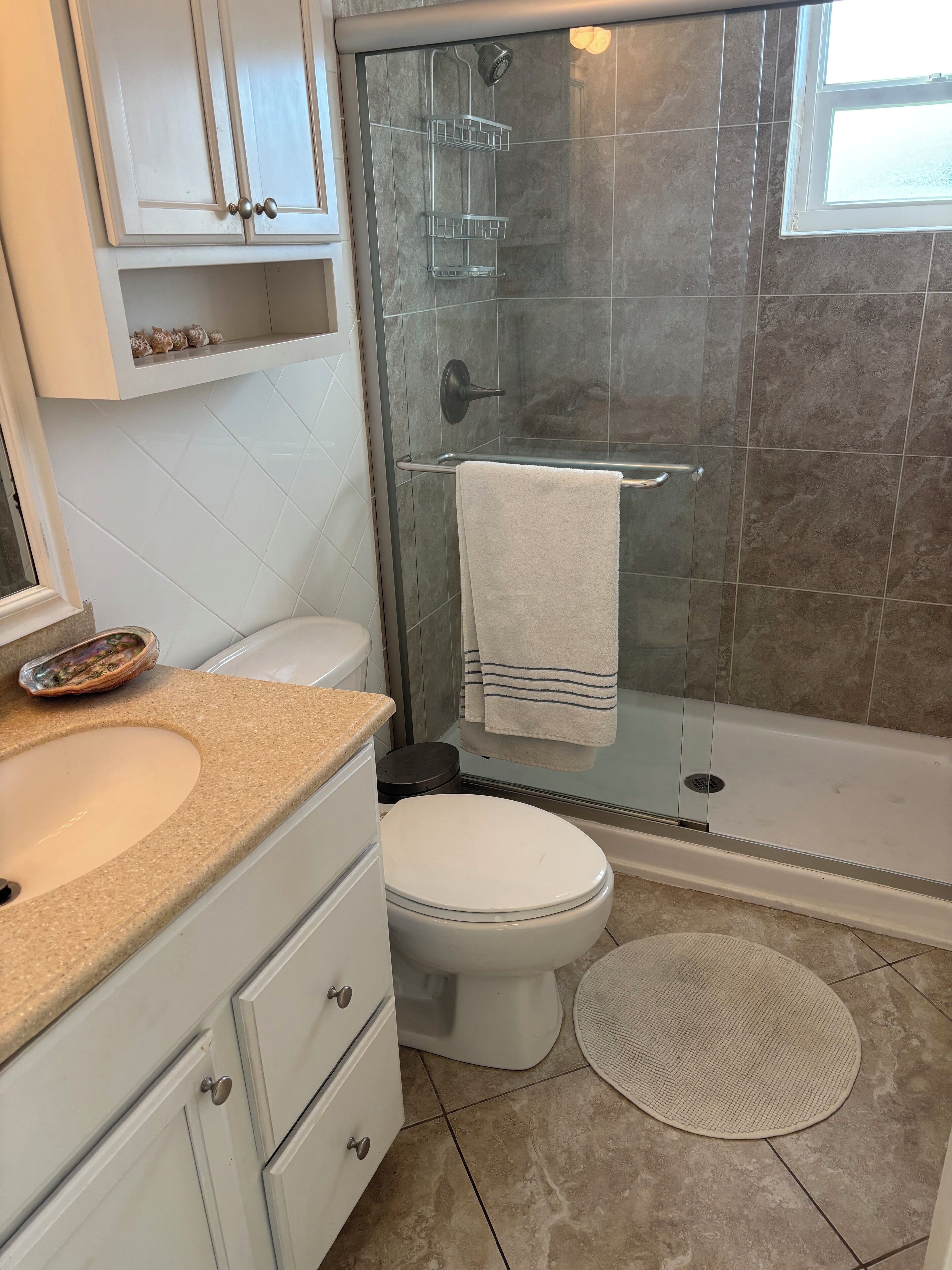 A bathroom with a glass-enclosed shower, a toilet, a sink, and a towel rack.