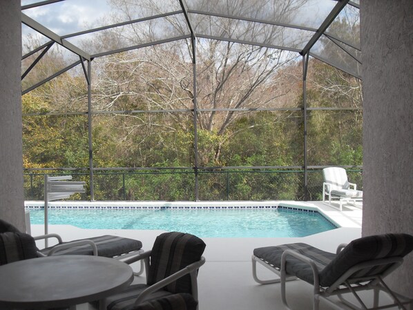 Outdoor pool, a heated pool, pool loungers