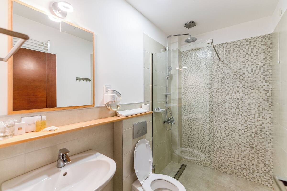 Een douche, gratis toiletartikelen, een haardroger, pantoffels