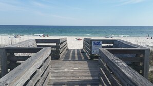 Een houten looppad dat naar een zandstrand leidt, met een bordje dat een stranddeel voor delen aangeeft.