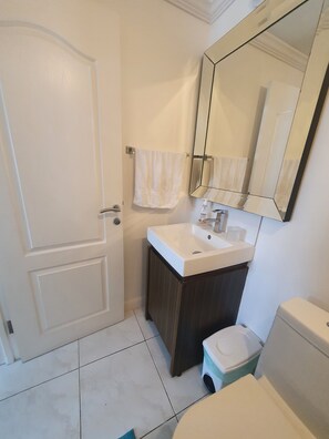 Badewanne, Haartrockner, Handtücher, Toilettenpapier