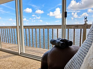 A wooden deck with a railing, a window, and a view of the water. - Optimystical Vista — Gulf-Front Escape with 270° Views & Elevator (Spring Hill)