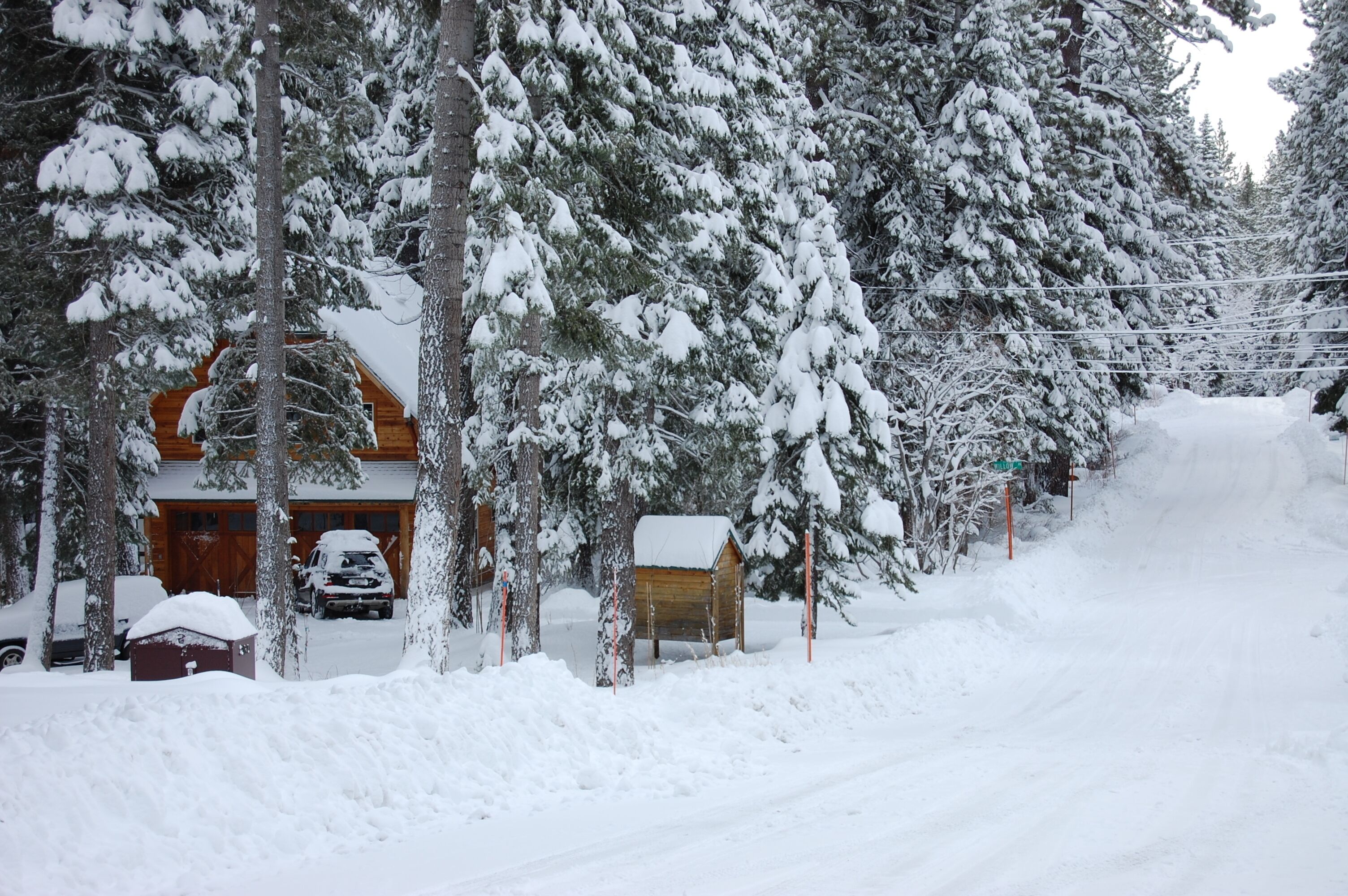 Un bâtiment recouvert de neige, avec une façade en bois, entouré d’arbres chargés de neige et d’une allée également recouverte de neige.
