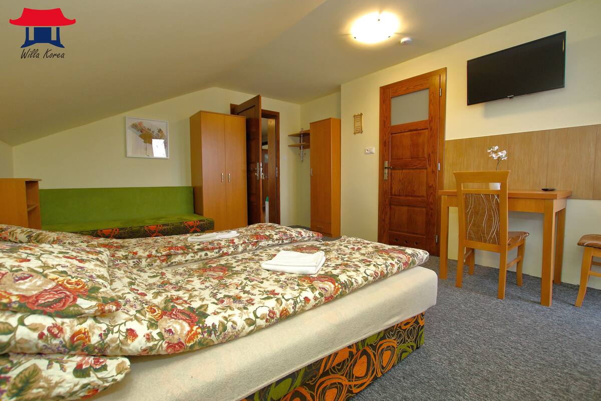 A bedroom with a bed, a desk, a chair, and a television.