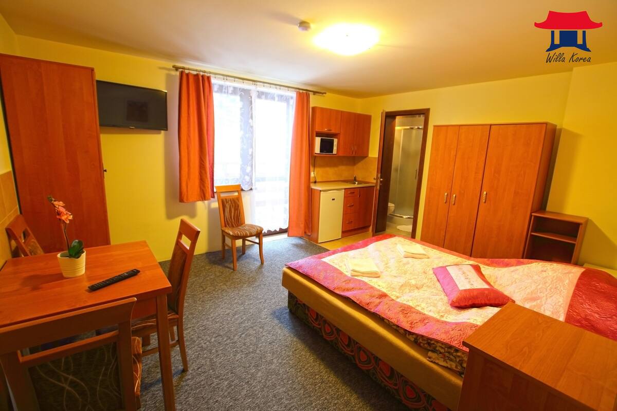 A hotel room with a bed, a desk, a chair, a TV, a microwave, and a wardrobe.