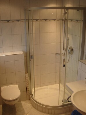 A bathroom with a glass-enclosed shower, a toilet, and a sink.