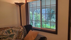 Una habitación con un ventanal grande, un cojín estampado y una silla de color oscuro.