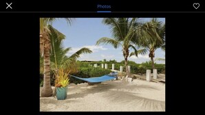 A sandy beach with palm trees and a hammock. - 5BR luxury home w/ pool, theater, rooftop deck & 100-ft dock near beach! (Marathon)