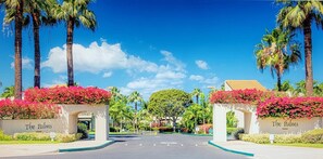 Entrada de hotel com duas arcadas, cada uma decorada com flores cor-de-rosa e o nome 'The Palms'.