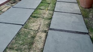Un camino conduce a un edificio con tejado de baldosas y un pequeño jardín con plantas en macetas.