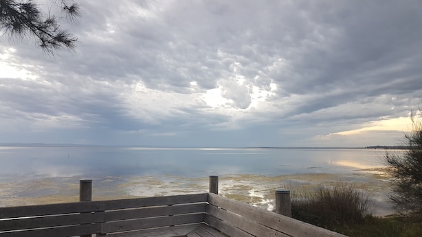 A wooden bench overlooking a calm body of water with a cloudy sky.
