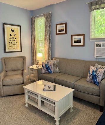 Living room with plenty of seating. Brand new sofa and swivel chair for 2025.