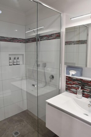 Douche, sèche-cheveux, serviettes fournies, savon