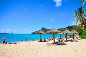 Een strand met ligbedden en rieten parasols, een heldere blauwe zee en een bergachtig achtergrond.