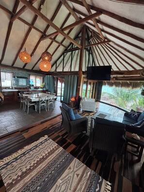 Smart TV, fireplace, books, stereo