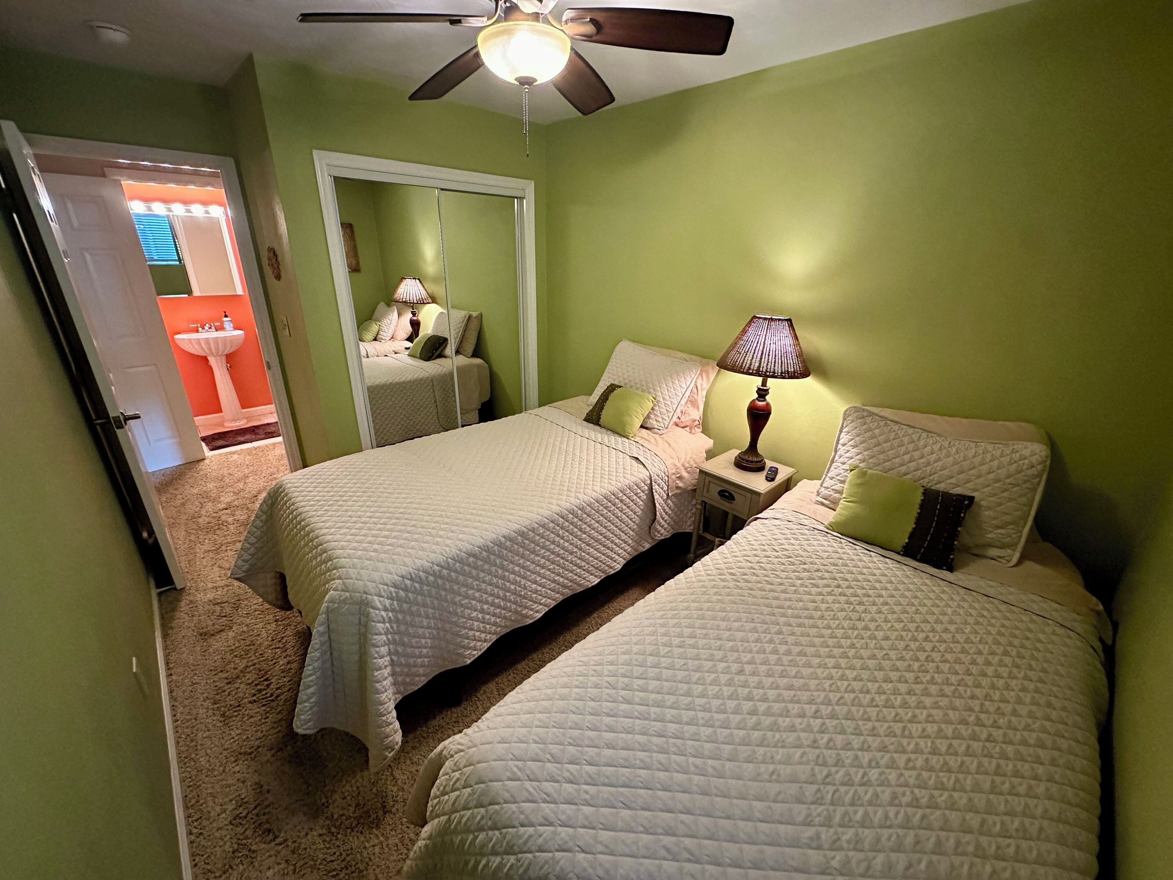 Smaller 2nd BR- XL Twin beds, compact drawers inside closet plus hanging space