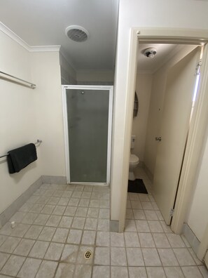 Een douche, handdoeken, toiletpapier
