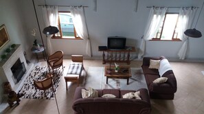 Smart TV, chimenea, libros