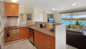 A modern kitchen with wooden cabinets, stainless steel appliances, and a large window offering a view of a lake and hills. - Oasis 23, Seaview Apartment on Hamilton Island (Hamilton Island)