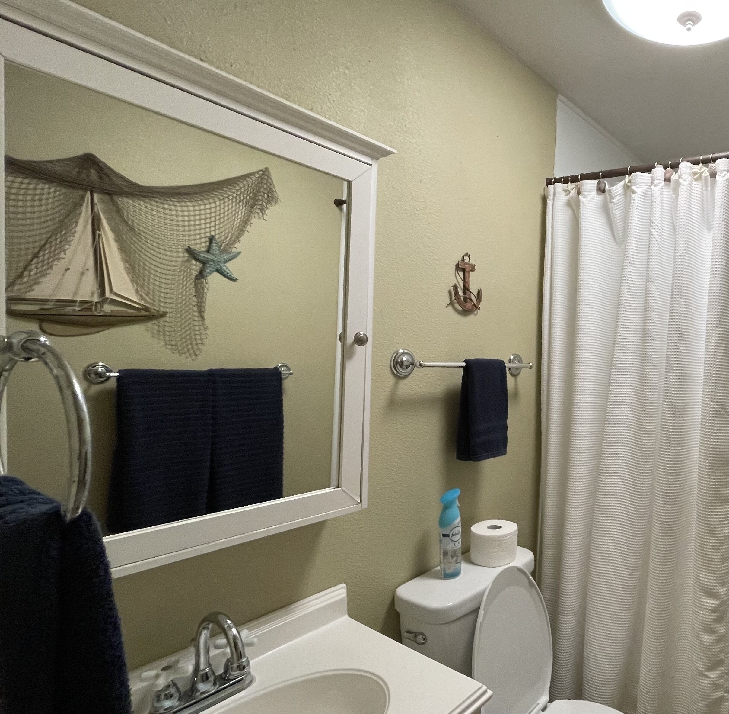 Une salle de bain équipée d’un lavabo, d’un miroir, d’un porte-serviettes, de toilettes et d’un rideau de douche.