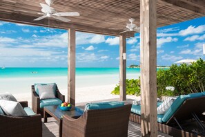 On the beach, sun-loungers, beach towels