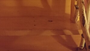 Una escalera de madera con barandilla que sube a un nivel superior.
