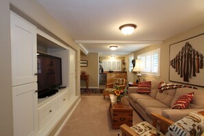 Téléviseur, foyer, lecteur de DVD, livres