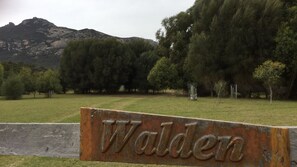 Une enseigne portant le nom « Walden », réalisée dans un style métallique rustique, placée sur un fond composé d’un champ herbeux et d’arbres, avec des montagnes visibles au loin.