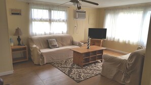 Una sala de estar con un sofá, un televisor sobre un mueble de madera, una lámpara y una alfombra.