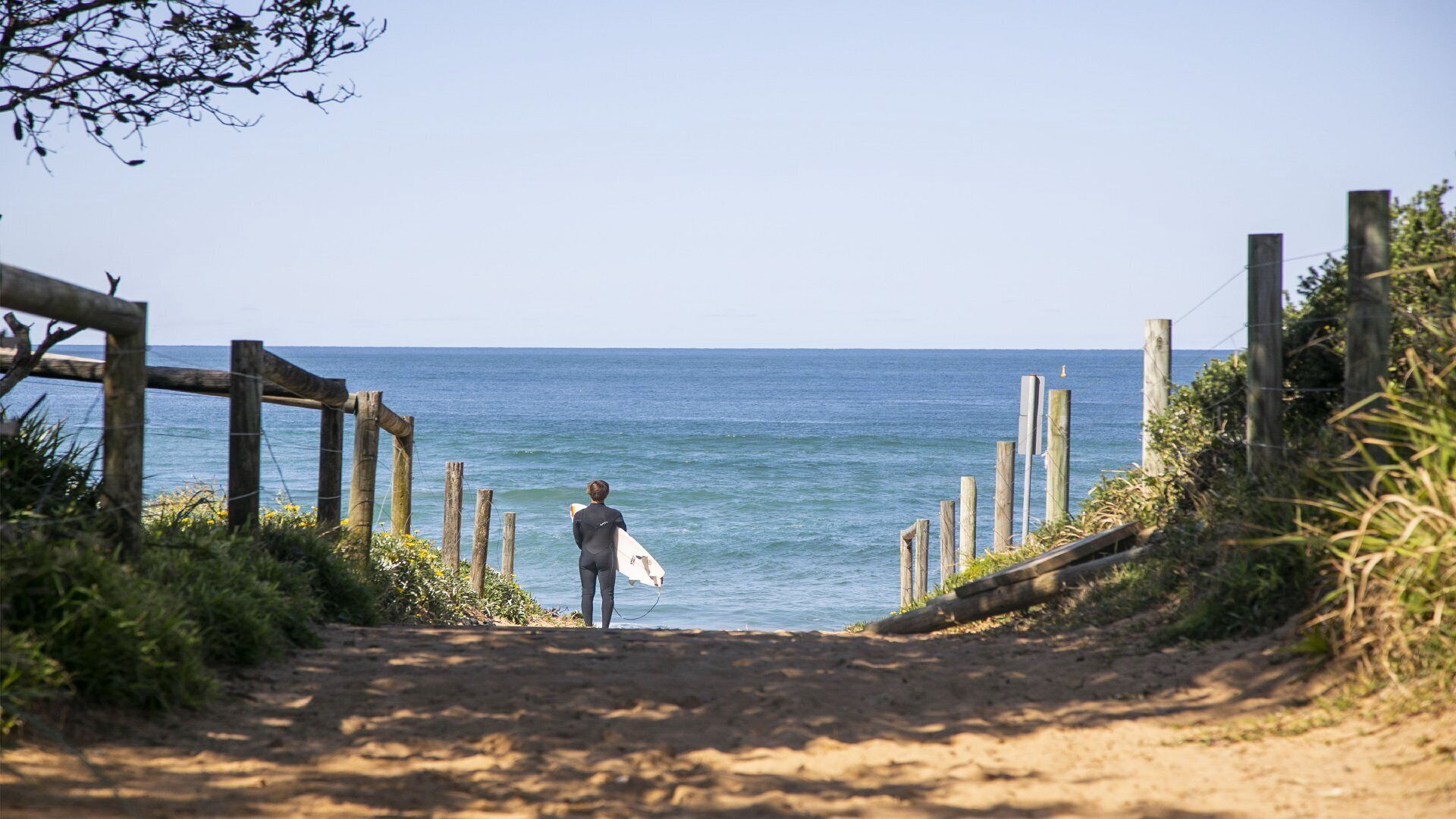 Un sendero arenoso que conduce al océano, con una persona sosteniendo una tabla de surf.