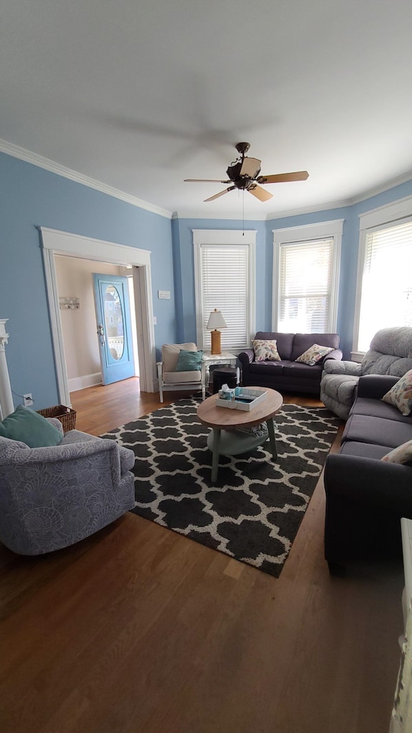 A living room with a ceiling fan, a sofa, a coffee table, and a patterned rug.