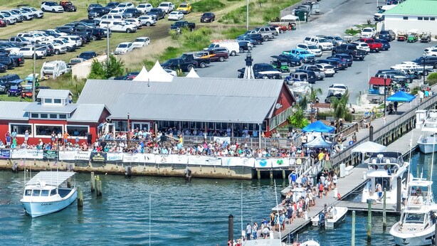 A marina with boats docked, a crowd of people on the pier, and a building with a red roof in the background.